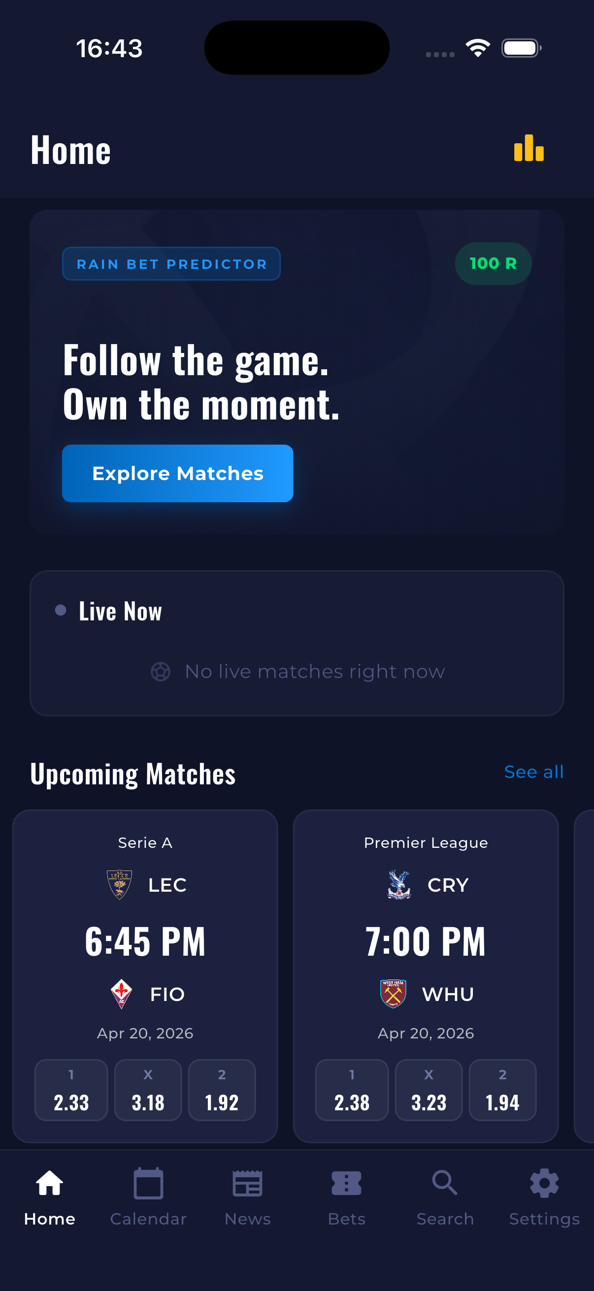 Rain Bet Predictor home screen