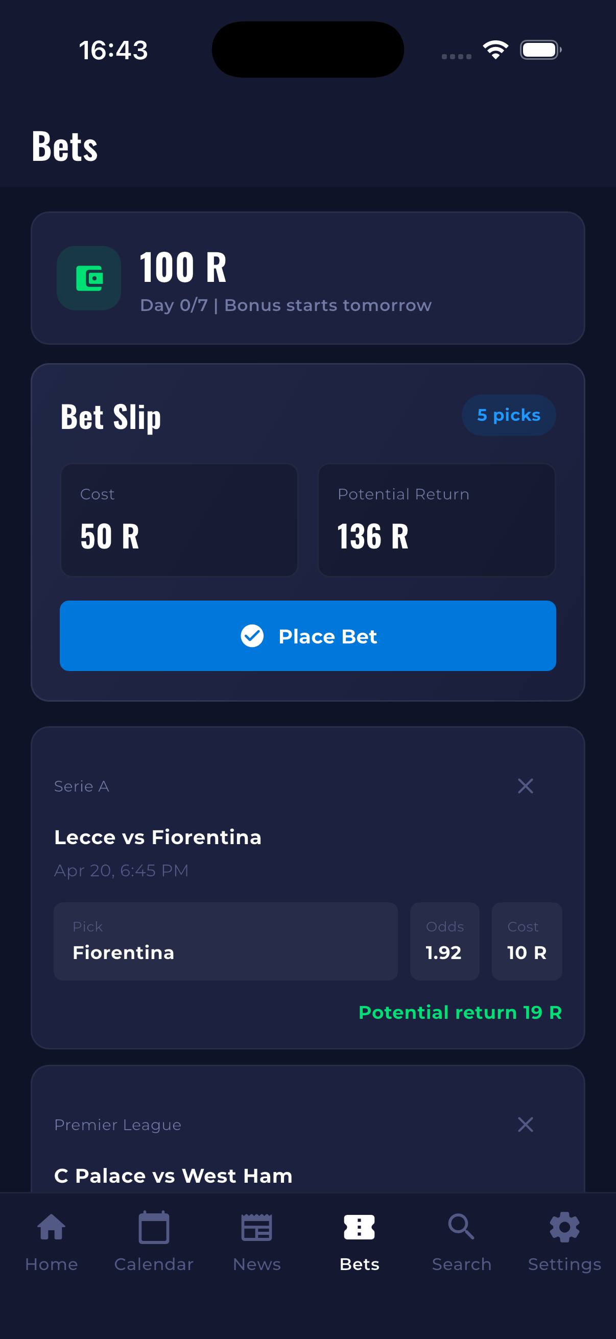 Bets screen with R Points